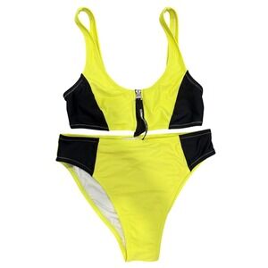 Tommy Jeans Neon Yellow Black Colorblock Zipper Bikini Set XS Womens Beach